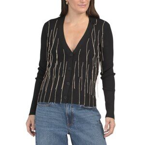 ELIE TAHARI Noir The Brittany Rhinestone Sweater Cardigan